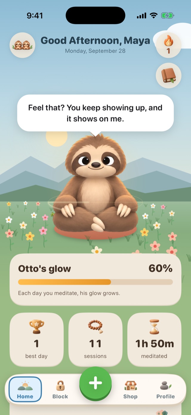 808's home screen: Otto sitting in a valley, his glow at 60%, a streak, and time meditated