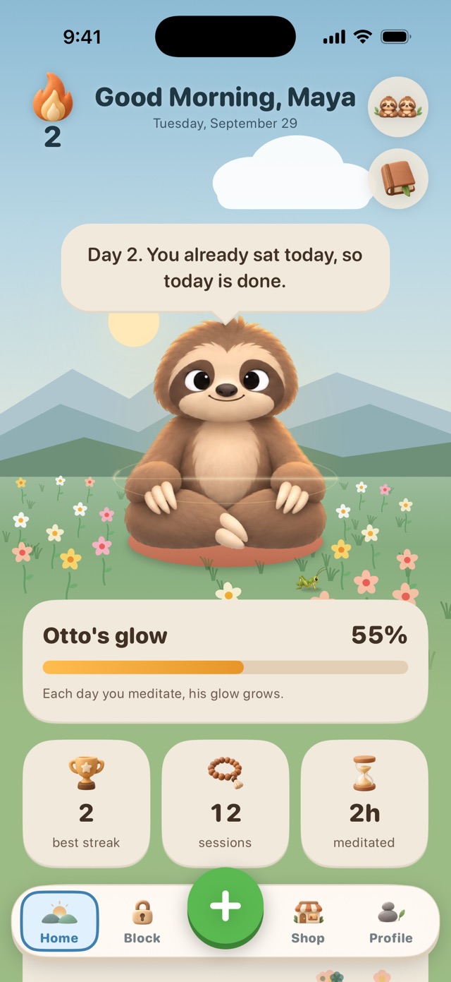 808's home screen: Otto sitting in a morning valley, his glow at 55%, a streak, and time meditated