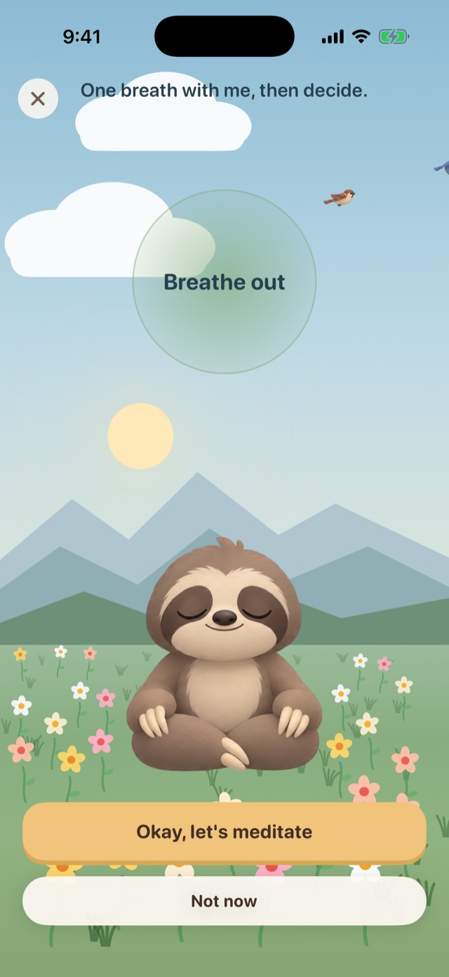 Otto's screen when a held app is opened: one breath with me, then decide