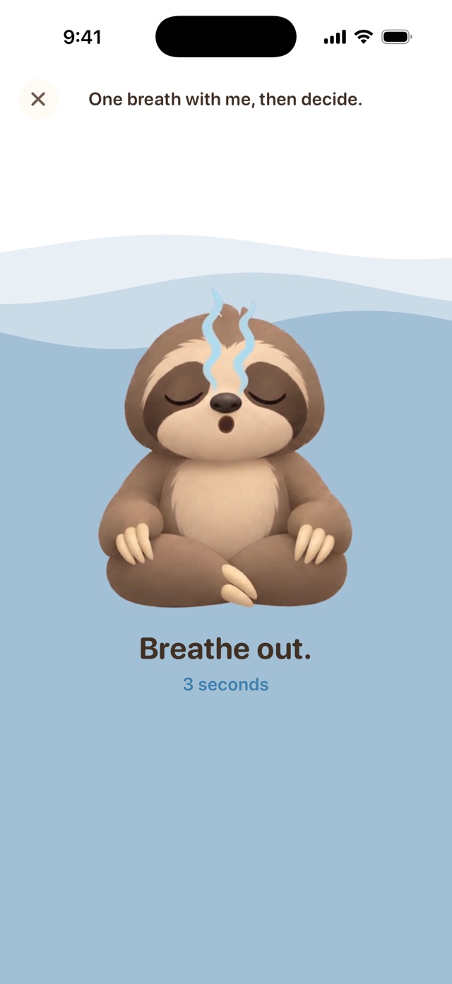 Otto's screen when a held app is opened: one breath with me, then decide