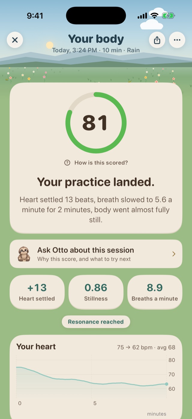 A measured session: score 81, heart settled 13 beats, heart rate curve