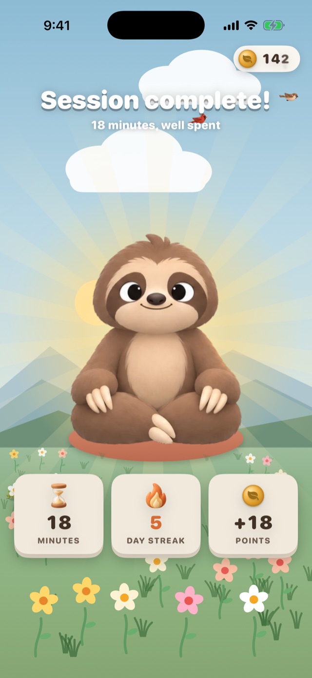 Session complete: 18 minutes, a 5 day streak and 18 points