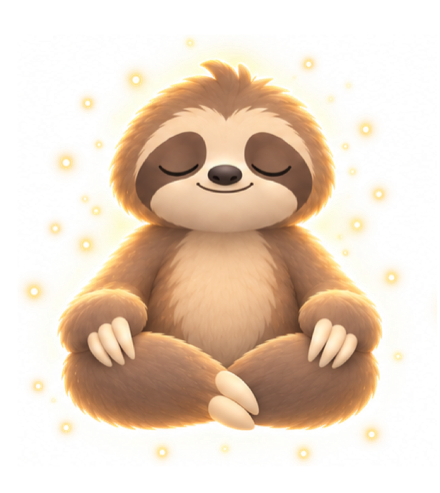 Otto the sloth sitting in the meadow, glowing