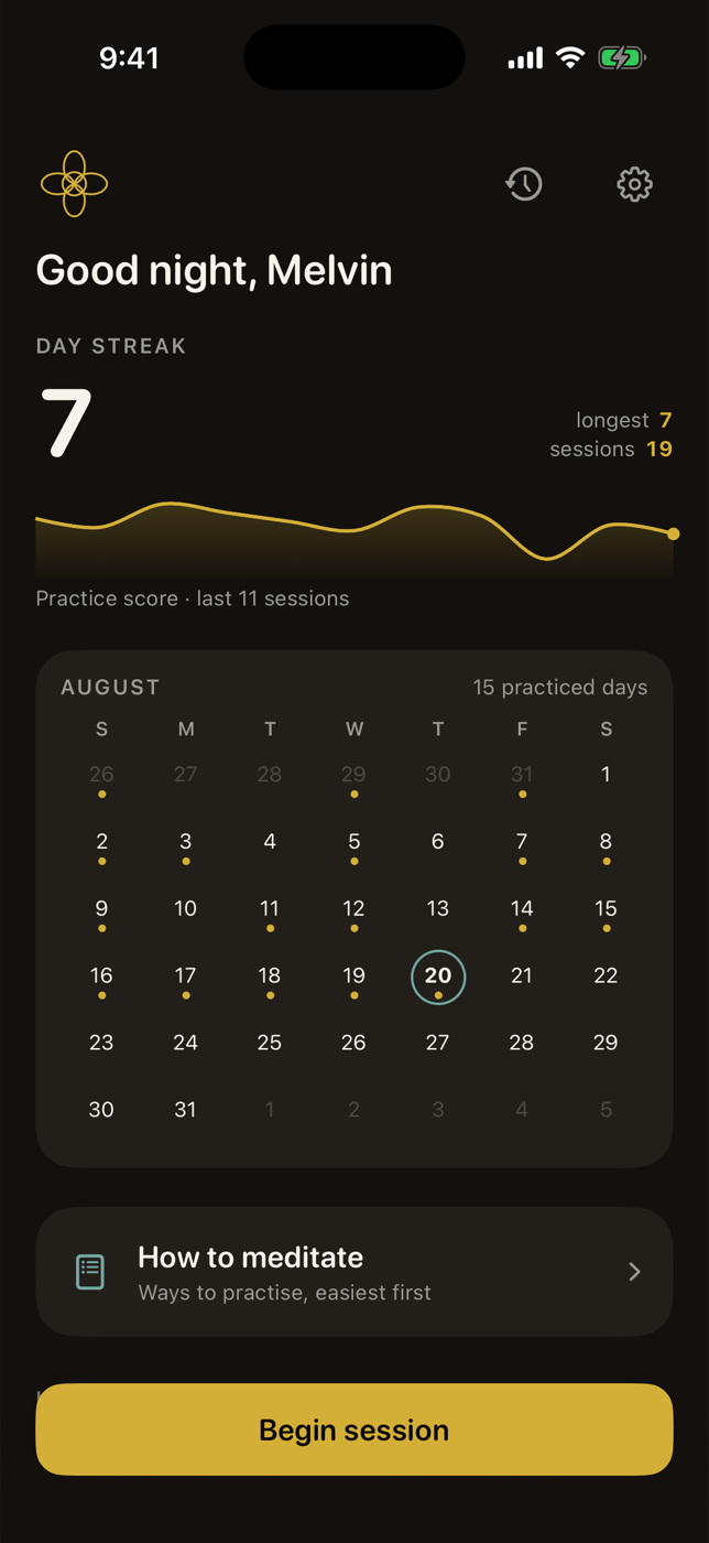 808 home screen: a 7 day streak, a gold practice score sparkline, and a month calendar dotted on practiced days