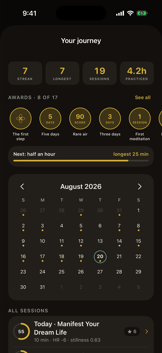 The journey screen: a 7 day streak, awards shelf, and a month calendar dotted on practiced days
