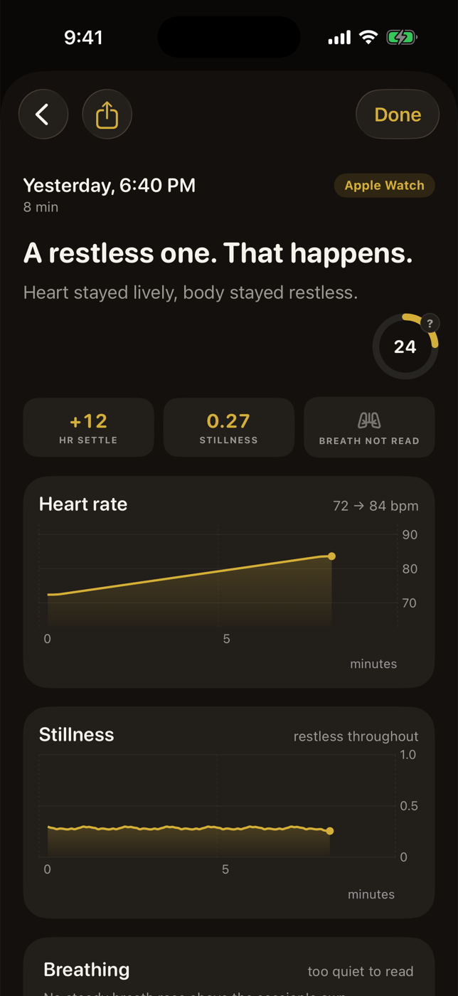 A low scoring session: A restless one, that happens. Score 24, heart rate climbing, stillness jagged, breath not read